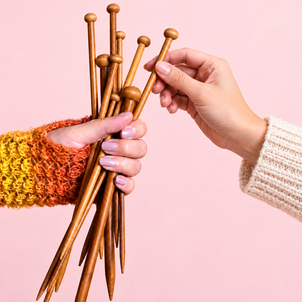 Two people sharing a bundle of wooden knitting needles